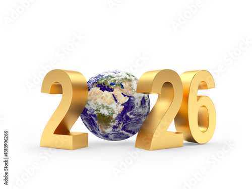 3D illustration of the year 2026 with planet Earth. Isolated on a white background. Elements of this image courtesy of NASA. 