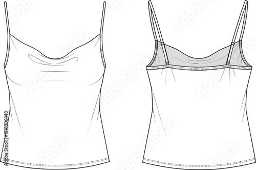 Women's cowl neck camisole with adjustable spaghetti straps, front and back technical fashion illustration, draped sleeveless blouse vector template, summer mockup