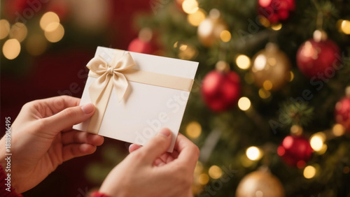 Hand holding white Christmas gift card with Christmas tree background
