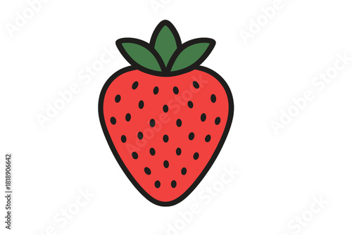 Ripe red strawberry fruit with green calyx and black seeds on white background