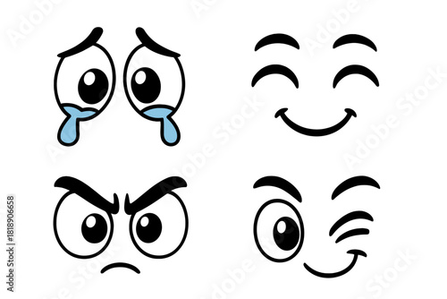 Cartoon eyes and mouths showing crying, happy, angry, and winking emotional expressions