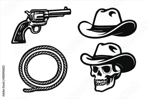 Black and white Western icons: pistol, coiled rope, and skull in cowboy hat