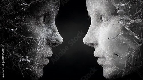 two faces separated by cracked digital lines, fading connection, emotional disconnection concept, minimalist contrast lighting, v7 