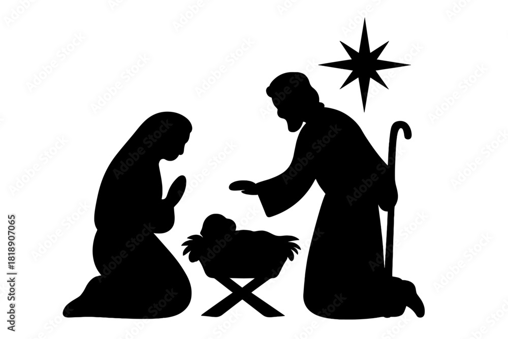 Ταπετσαρία Nativity silhouette of Mary Joseph and infant Jesus in a manger under the Star o