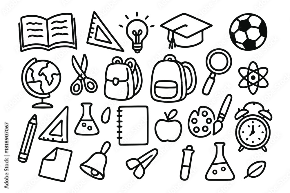 Fototapeta premium Black and white hand drawn doodle icons representing essential school supplies and learning concepts