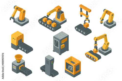 Isometric industrial automation icons set featuring robotic arms and production line machinery