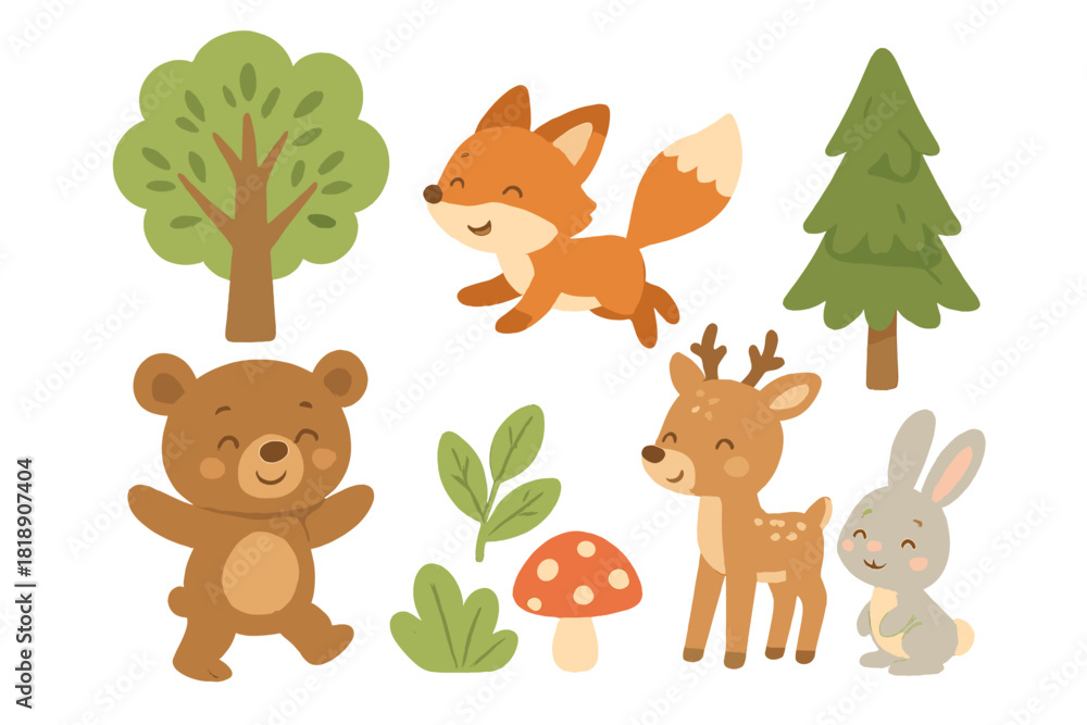 Obraz premium Cute woodland animals set featuring a bear, fox, deer, and rabbit with forest trees and mushroom