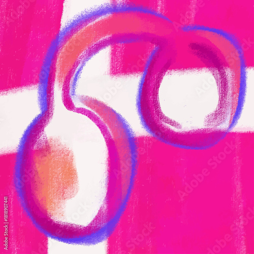 A pair of stylized fuchsia headphones against the Danish flag (white cross against the pink background); a digital pastel painting and vector illustration symbolizing national music of Danmark.