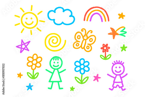 Bright crayon style doodles featuring smiling sun, rainbow, butterfly, flowers, and happy stick figures