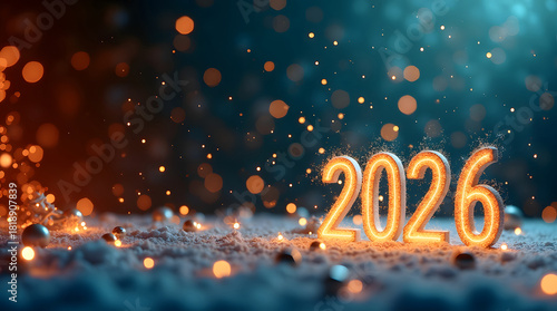 Glowing 2026 numbers illuminated in a festive winter scene with bokeh lights