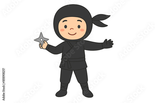 Smiling cartoon ninja character in black costume holding a silver shuriken