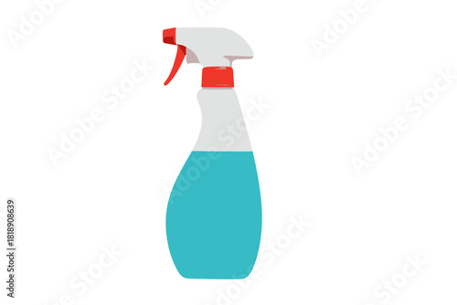 Plastic household cleaning spray bottle with blue liquid and red trigger on white