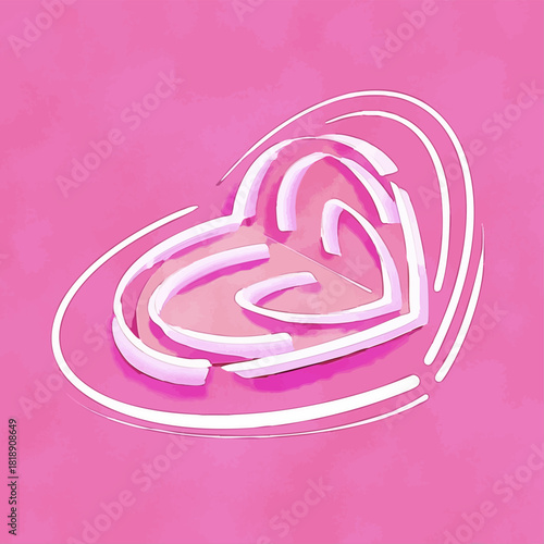 A heart shape with white lines forming a labyrinth folded as an open book and rotated diagonally against the pink backdrop; a vector illustration symbolizing a love story, romance full of intricacies