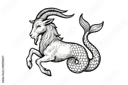 Detailed black and white engraving of the mythological sea-goat Capricornus zodiac sign