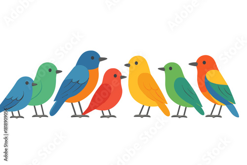Seven brightly colored cartoon birds standing together in a row on a white background