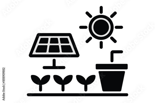 Black icon of solar panel and seedlings with sun and pot plant