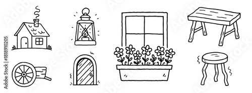 Rustic cottage elements in hand-drawn style
