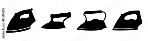 Collection of four black household steam irons displayed individually on a white surface