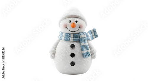 Cheerful white snowman figure with blue scarf smiles against black. Perfect for holiday-themed designs, cards, or social media posts.
