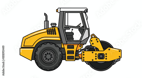 Bright Yellow Road Roller Compactor - Heavy Equipment Vector Illustration for Construction & Paving