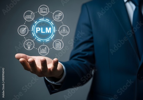 A businessman presenting plm concept with icons representing different business processes on his hand
