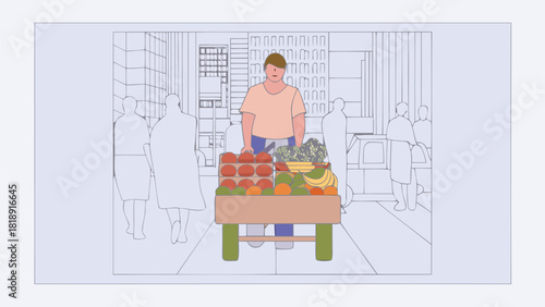 Vibrant illustration of a cheerful street vendor selling fresh colorful fruits in a bustling urban marketplace capturing the lively atmosphere of city life and healthy food options