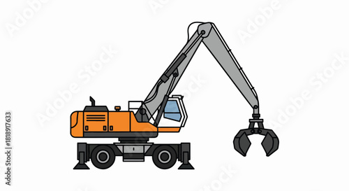 Heavy Duty Mobile Material Handler with Grapple Claw - Industrial Vector Illustration
