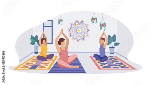 Vibrant bohemian yoga studio interior with colorful patterned rugs creating a serene and artistic atmosphere for practice and meditation