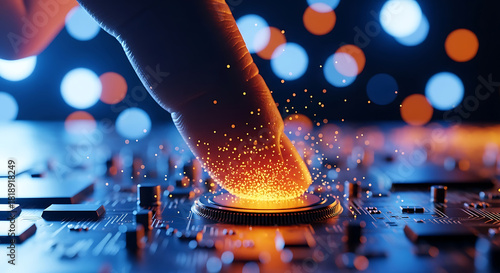 Digital Touch Fingerprint Activation on a Futuristic Circuit Board with Bokeh Lights