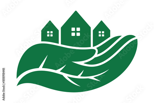 Green hand holding three houses with white windows on white background home real estate