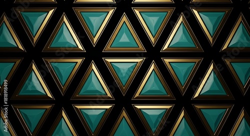 Geometric pattern of teal triangles with gold trim on a black background creates a modern design