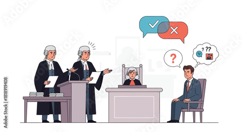 Confused defendant in court with lawyers presenting arguments and judge looking on