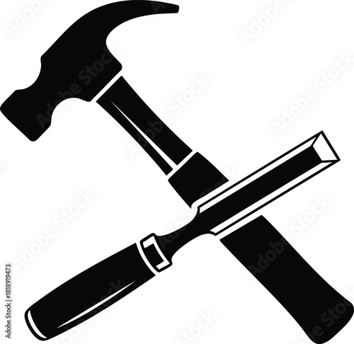 A black and white illustration of a claw hammer crossed with a chisel, symbolizing carpentry, DIY, and manual labor