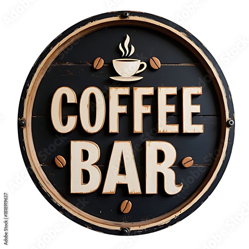 Wooden round COFFEE BAR signage isolated on white background