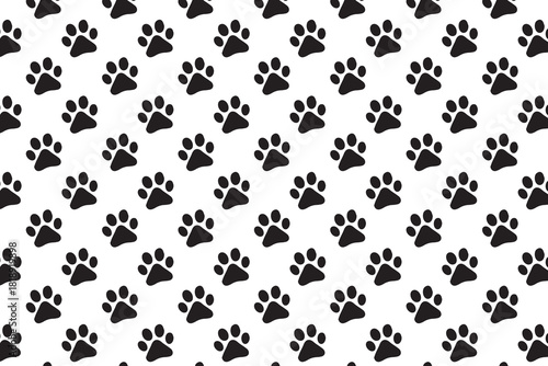 A repeating pattern of small paw prints in various colors scattered on a white background surface