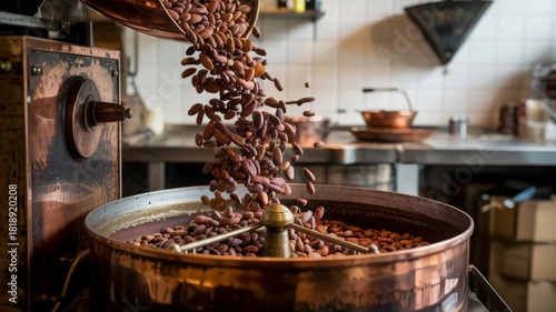 Close-up of cacao beans mid-air entering a large roaster in an industrial kitchen environment — authentic chocolate making moment ideal for food photography, editorial content, and agriculture visuals