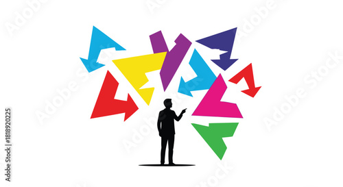 Silhouette of a man contemplating multiple colorful arrows pointing in different directions representing choices