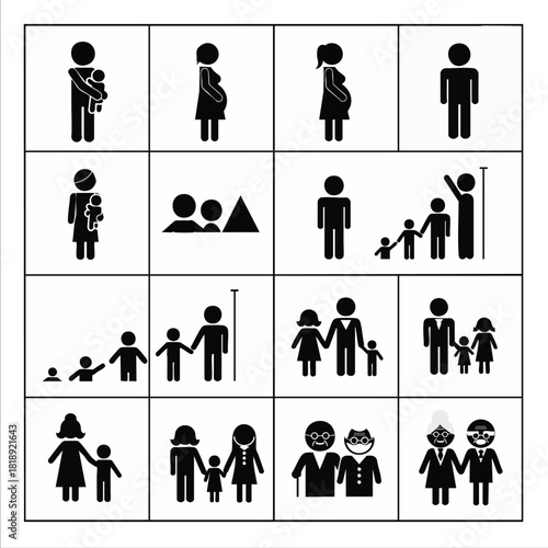 A collection of diverse family and human life cycle icons, illustrating parenting, pregnancy, growth, and generations