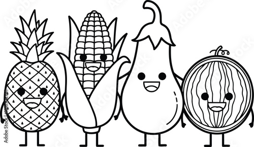 Cute cartoon fruit and vegetable characters including pineapple, corn, eggplant, and watermelon as a black and white line art illustration