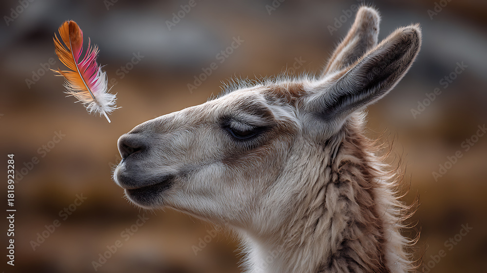 Obraz premium A llama head with a single colorful feather