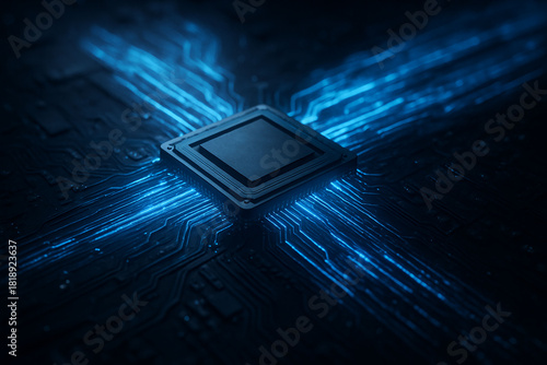 Futuristic Microchip with Glowing Blue Data Streams