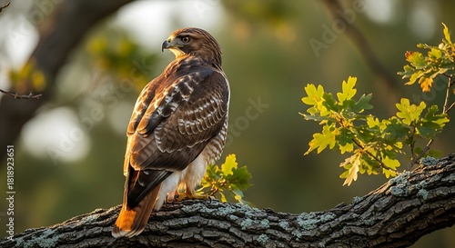Majestic raptor perches on a sunlit oak branch in autumn.