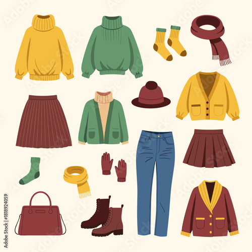 A flat lay collection of cozy fall and winter fashion essentials including sweaters, skirts, jeans, boots, and warm accessories for cold weather.