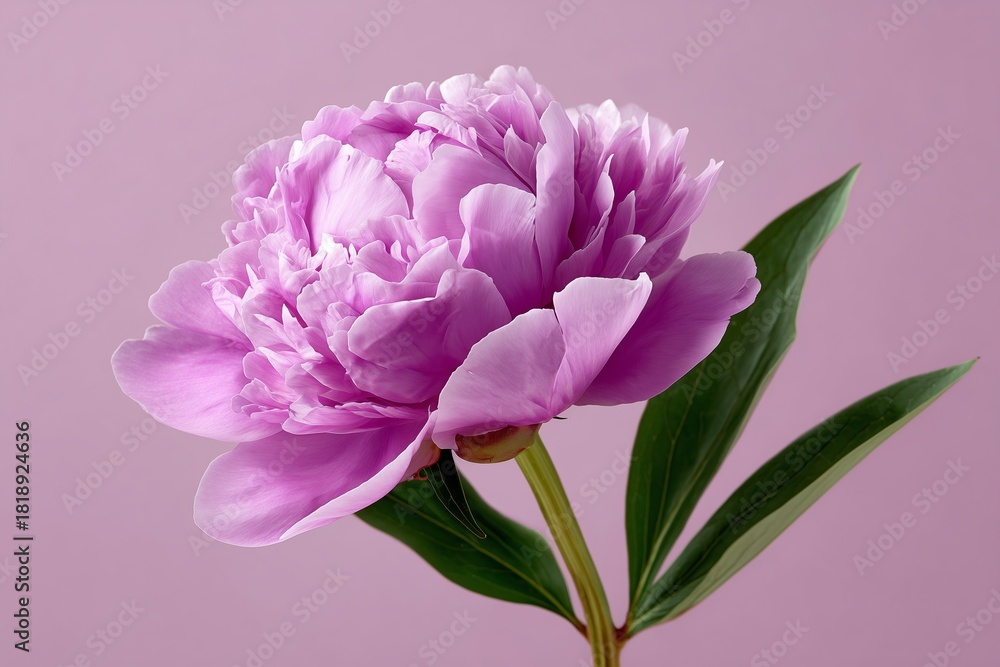 Obraz premium Holographic peony bloom glowing softly against a light lilac background, showcasing vibrant petals and lush green leaves, perfect for floral design