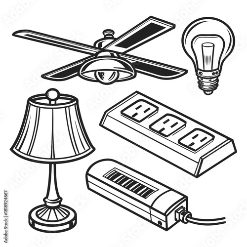 Illuminating Power: Artistic black-and-white illustration of essential electrical components including a ceiling fan, lightbulb, lamp, power strip, and dimmer.