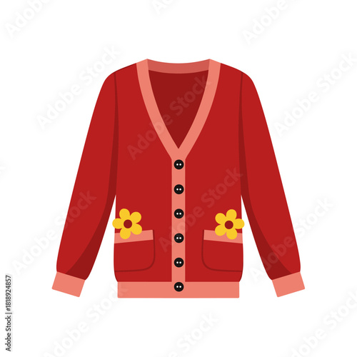 A stylish red cardigan featuring a V-neck, contrasting pink trim, black buttons, and cheerful yellow flower appliques on the front pockets, presented on white.