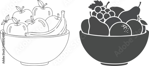 A graphic vector illustration featuring two distinct fruit bowls