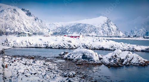 Billede på lærred Gloomy evening view of Vestvagoy island, Norway, Europe
