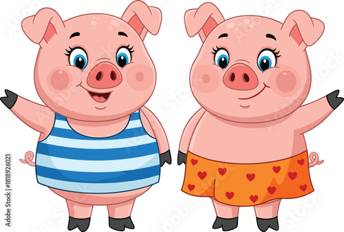 Cartoon pigs waving, smiling pig characters, kids illustration, animal friends, playful pose, striped shirt, heart shorts, cheerful farm animals, children artwork