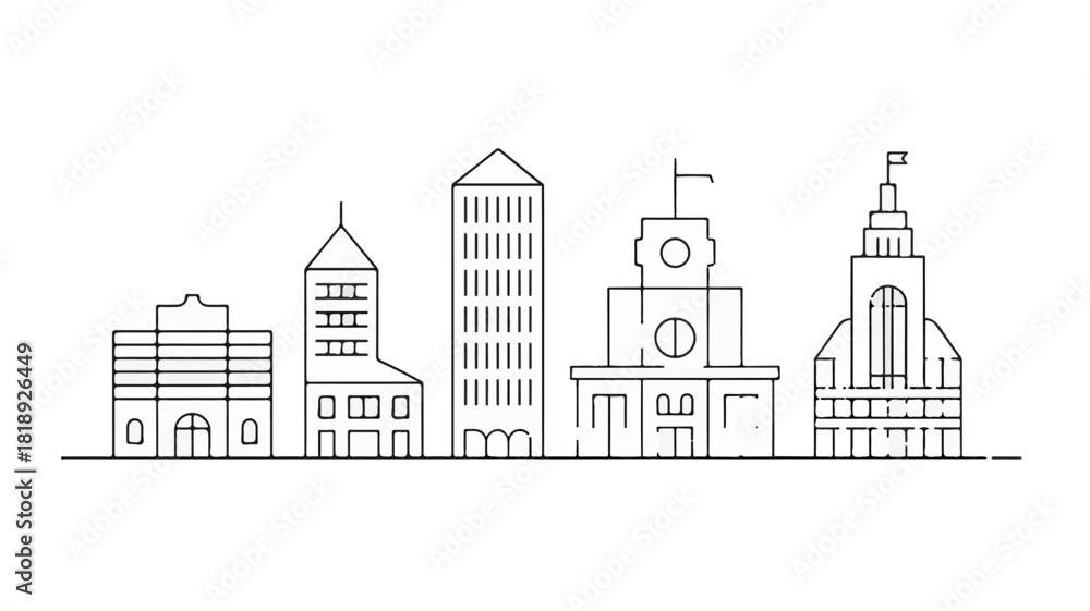Obraz premium Cityscape Line Art – Minimal Vector Illustration of Buildings